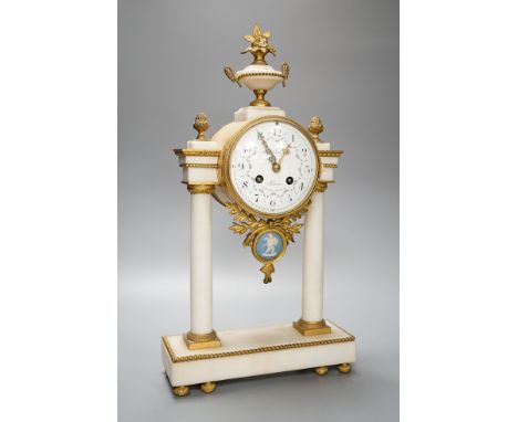 L. Leroy &amp; Cie, Paris. A French ormolu mounted white marble portico clockwith fruiting fern surmount and floral swagged d