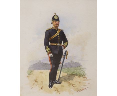 Richard Simkin (1840-1926), waterolour, Portrait of a guardsman, signed, 16 x 13cm