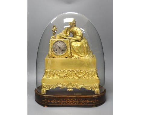 A 19th century French ormolu mantel clock (lacking pendulum), under glass dome and marquetry inlaid stand 54cm