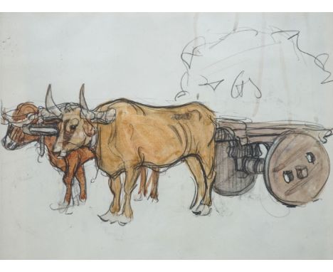 English School, watercolour and pencil, Study of a bullock cart, a similar sketch verso, 18 x 25cm
