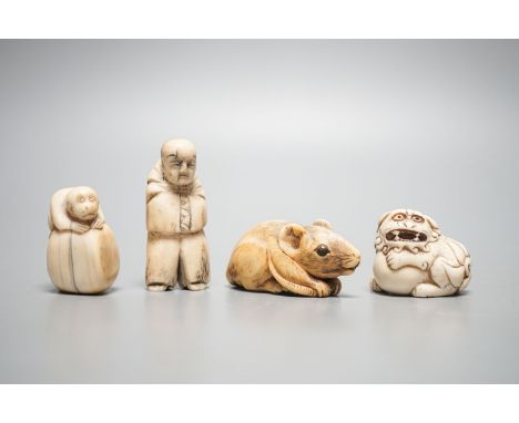 A 19th century ivory netsuke of a rat, horn inset eyes, 5.2cm, two other ivory netsuke and a stag horn netsuke (4)