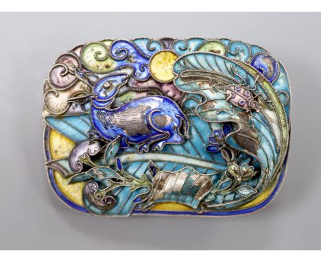 A mid 20th century Chinese? white metal and polychrome enamel brooch, decorated with hare, and ladybird amongst foliage, 58mm