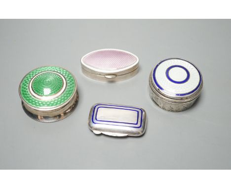 Three assorted early 20th century silver and enamel pill boxes, largest 49mm and a later similar Italian 925 box.