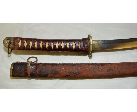 Japanese sword with 28 inch blade with brass tsuba and leather bound wood grip complete with leather bound scabbard