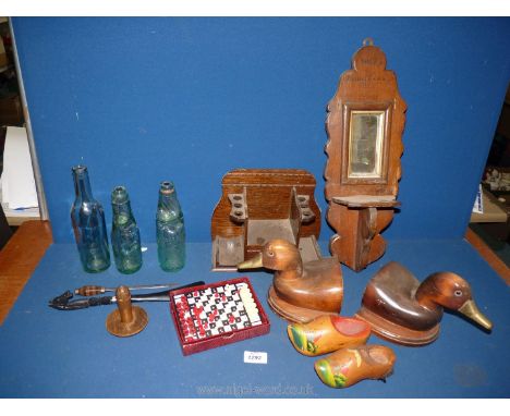 A quantity of Treen including Duck bookends with brass beaks, pipe stand, small hall mirror with shelf, darning mushroom and 