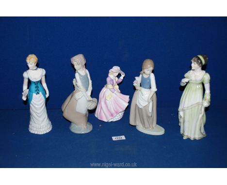 Five figures including two Nao girls, one a/f., Welsh crest 'Annabelle', Royal County 'Miranda' plus another.