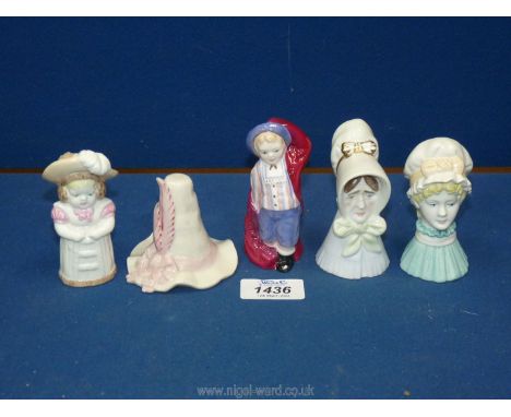 Five Royal Worcester candle snuffers: 'Old Lady', 'Howard', Feathered Hat', 'Mob Cap' plus one other.