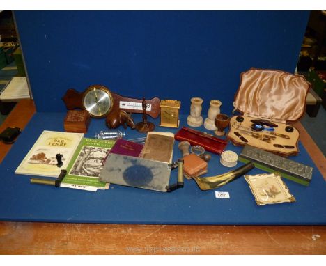 A quantity of miscellanea including a small Scott birthday book, barometer/thermometer by Comitti of London, small picture of