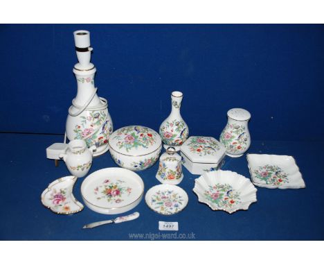 A quantity of Aynsley 'Pembroke' and 'Cottage Garden' china to include; table lamp, bud vase, sugar shaker, etc. Plus a Derby