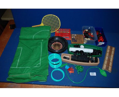 A quantity of games including Soccer mat, draughts/chess pieces, dominoes, crayons, cribbage board etc.