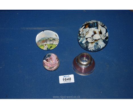 A silver topped glass inkwell with pink stripes, marked London (possibly 1902), together with 3 glass paperweights including;