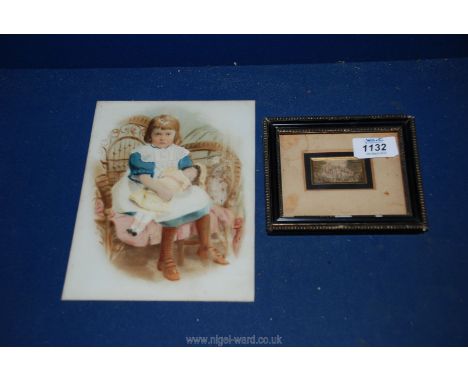 A miniature framed Baxter Print, 1 3/4'' x 1'' and a small late Victorian painting of young girl and doll on a glass, 8 1/2''