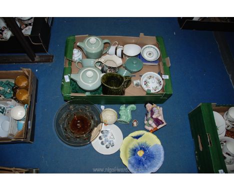 A box of miscellaneous china including 'Masons' jug, Poole teapot, coffee pot and gravy boat, Clarice Cliff jam pot (lid miss
