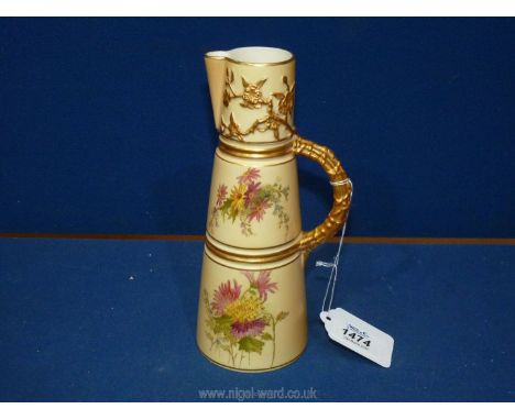 A Royal Worcester blush ivory and gilt narrow barrel Jug with wild flower pattern, no. 1047 to base, 8 1/5" tall.