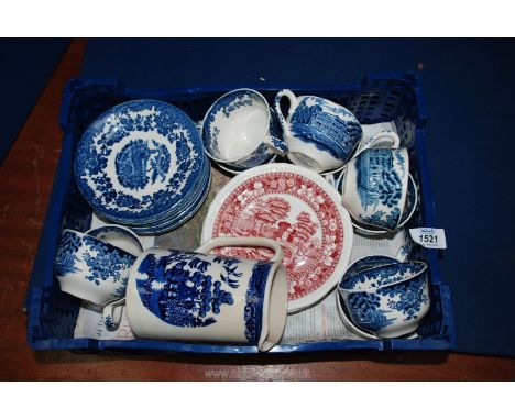 A quantity of Royal Worcester blue and white Avon Scenes Palissy England, ten cups and saucers in total, plus a Copeland Will