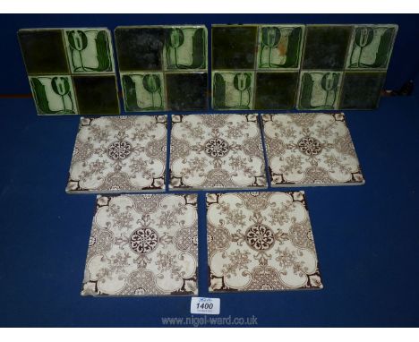 A set of four green art nouveau Tiles and five brown transfer print Tiles.