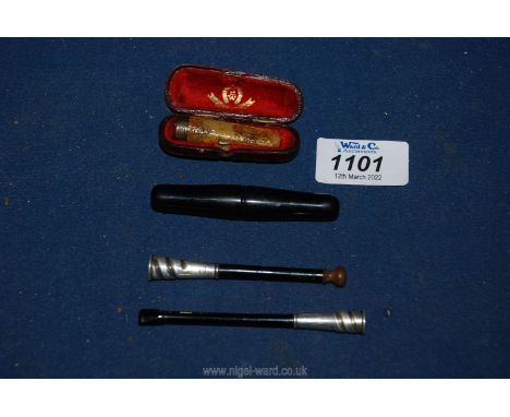 Three Cigarette holders: two with sterling silver fittings and one with Chester hallmark, a/f plus a small case.