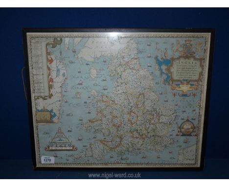 A framed Print of a Saxton map of England and Wales 1579, 20 1/2'' x 16 1/2''.