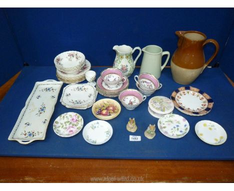 A box of miscellaneous china to include stoneware jug, Brighton Wedgwood jug, Shelley plates, pink/gold tea cups and saucers 