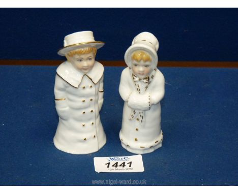 Two Royal Worcester ''Collector's Society'' reproduction candle snuffers 'Girl with Muff' and 'Boy with Boater'.