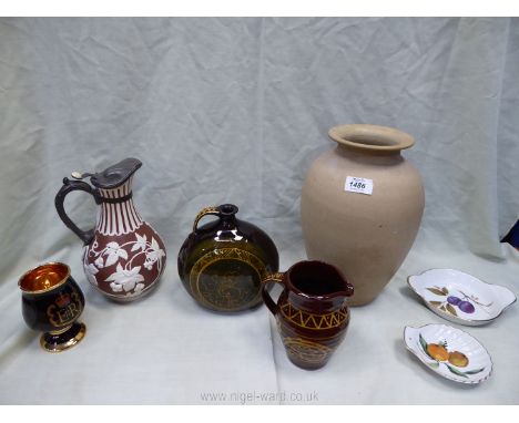 A quantity of china including Studio Pottery jug and flask in green and brown, Royal Worcester and brown and white jug with p