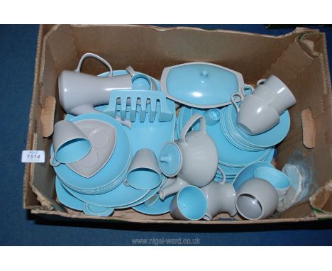 A large quantity of Poole tea ware in grey and blue to include; teapot, plates, meat plates, cups, coffee pot etc. Some a/f.