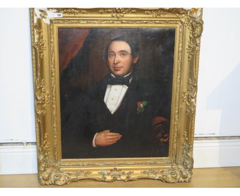 An oil on canvas portrait of a Victorian gentleman in a gilt swept frame, 103cm x 90cm - painting has been relined, some lose