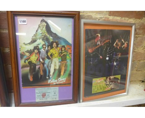 Framed original concert programmes with original tickets, Rolling Stones 1976 tour of Europe and The Police - 46cm x 31cm 