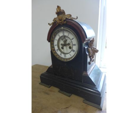 A 19th century slate mantle clock for restoration, missing pendulum and key and missing glass to the back door - 39cm high 
