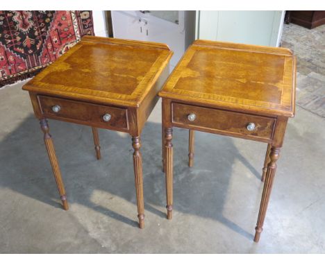 A pair of burr oak lamp tables with a single drawer on turned reeded legs, 76cm H  x 50cm x 49cm - made by a local craftsman 