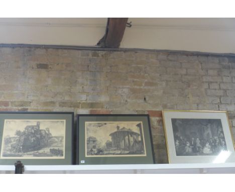 A pair of architectural Italianate prints in ebonised frames, 55x73cm - and a gilt framed print courtroom scene 