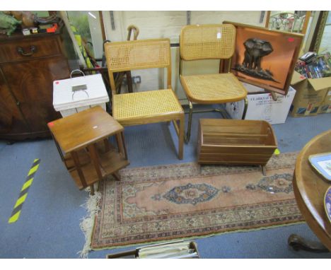 A mixed lot to include two chairs, stick stand containing mixed sticks and umbrellas, laundry basket, small swivel bookcase, 