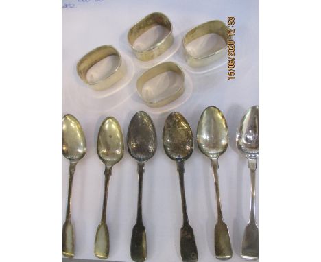 A set of six Georgian silver teaspoons, makers mark CC, together with four contemporary silver napkin rings, total weight 190