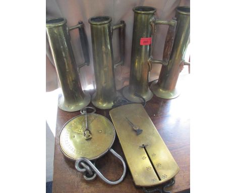 Two vintage brass Salter Spring Balance scales to include No 20M and no 60 MKII together with nautical jugs 