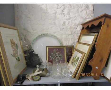 Mixed pictures to include botanical scenes, a vintage lamp, a pine wall shelf, a brown rug and mixed items 