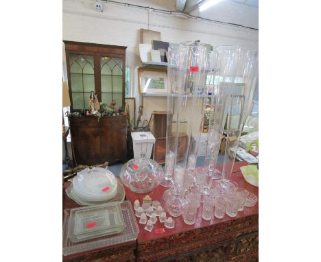 Six Lily vases, mixed glassware to include fish pates, a gazpacho/punch bowl with lid and ladle and salt and pepper pots 
