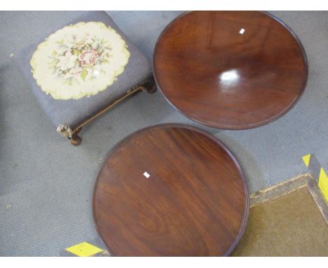 A 1964 tapestry topped foot stool on earlier mahogany legs, together with a mahogany table top with matching additional tray 