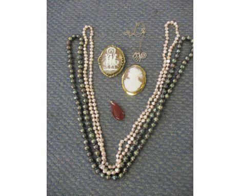 A small quantity of costume jewellery to include two yellow metal cameo brooches, freshwater pearls, silver and amber 