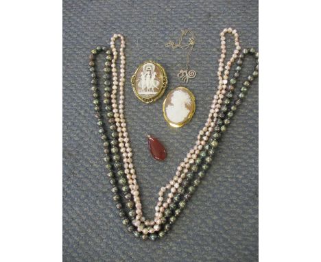 A small quantity of costume jewellery to include two yellow metal cameo brooches, freshwater pearls, silver and amber 