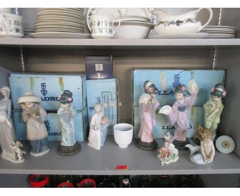 A group of Lladro and Nao figures, some boxes, to include geisha girls 