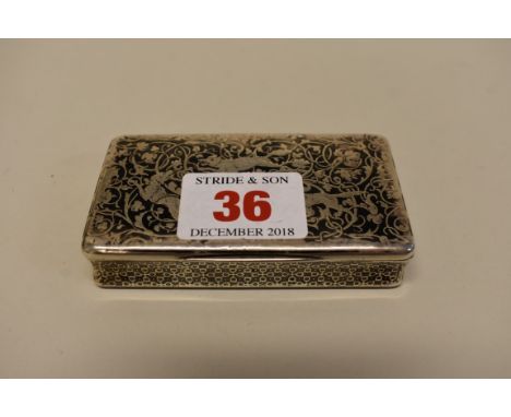 A Continental silver niello snuff box,&nbsp;decorated dogs chasing fox, 8cm. 