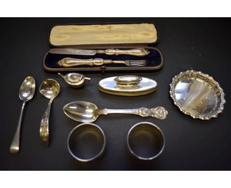 A cased Victorian silver Christening knife and fork; together with other silver items, 134g weighable. 