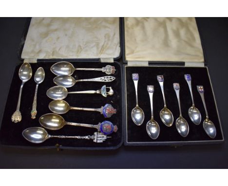 A cased set of six silver and enamel coffee spoons,&nbsp;by T &amp; S, Birmingham 1950-53, depicting city badges; together wi