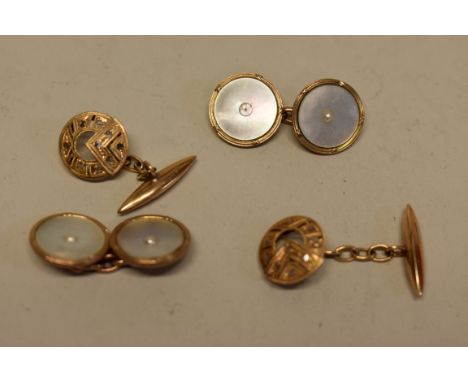 A pair of 9ct gold and mother of pearl gentlemans cufflinks; together with an unmarked pair set diamond chips. 