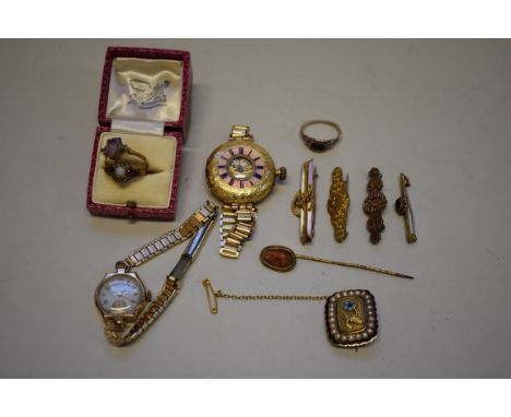 A small collection of antique and later gold and unmarked jewellery, to include a Georgian emerald and seed pearl ring; an 18