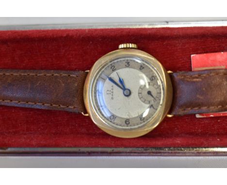A 1930s Omega 9ct gold ladies manual wristwatch,&nbsp;Birmingham 1936, on modern leather strap, later Omega watch box, No. 83