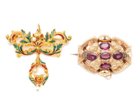 TWO ANTIQUE PENDANT BROOCHES
An enamelled example, of scrolling foliate design, with seed pearl drops, indistinctly inscribed