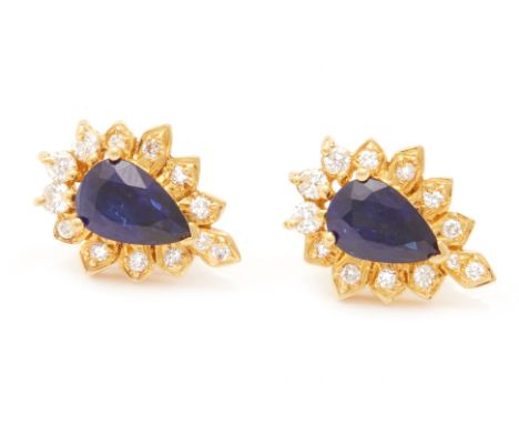 A PAIR OF DIAMOND AND SAPPHIRE EARRINGS
Set in yellow god, the pear cut sapphires within a surround of brilliant round cut di