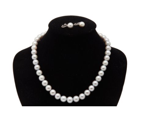 AN GREY AKOYA CULTURED PEARL NECKLACE &amp; EARRINGS
With 42 pearls in total, measuring 9.5-10.5mm, the earrings with screw b