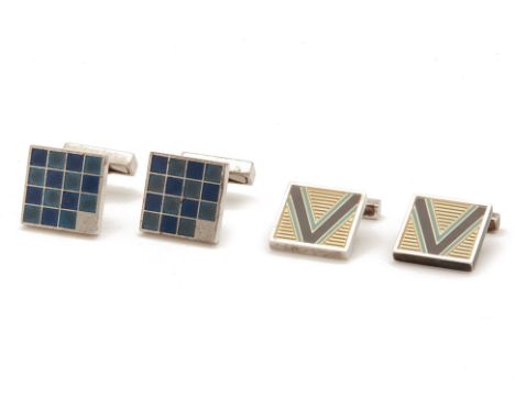 TWO PAIRS OF LOUIS VUITTON SILVER AND ENAMEL CUFFLINKS
One pair with enamel 'V' to the front, with original damier leather po